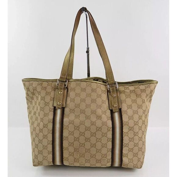 Gucci Handbags - Auth GUCCI Brown GG Canvas and Gold Leather Sherry Line Tote Bag Purse #56244​